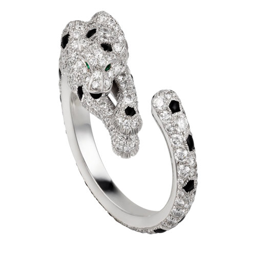 CARTIER/卡地亞 Panthère 系列 18K金白金祖母綠瑪瑙鉆石戒指 鑲嵌2顆祖母綠和264顆明亮式切割鉆石N4748900