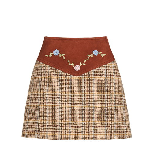 MiuMiu/繆繆 棕色 女士花朵刺繡裝飾蘇格蘭格紋半身裙 MG1358_1V7S_F0D22