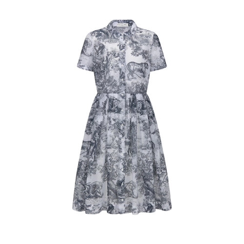 DIOR/迪奧 22年早春新款 女士白色/海軍藍色純棉薄紗茹伊印花中長款襯衫式連衣裙221R81A3802_X0861