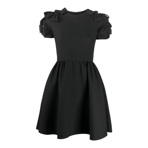 Valentino/華倫天奴 女士黑色初剪羊毛真絲混紡蝴蝶結(jié)綴飾圓領(lǐng)短袖全裙式連衣裙 UB3VAT91-1CF-0NO