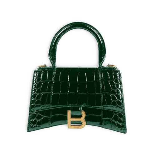 Balenciaga/巴黎世家   HOURGLASS系列 女士XS號深綠色鱷魚壓紋小牛皮B徽標(biāo)單肩斜挎手提沙漏包5928331LRGM3011
