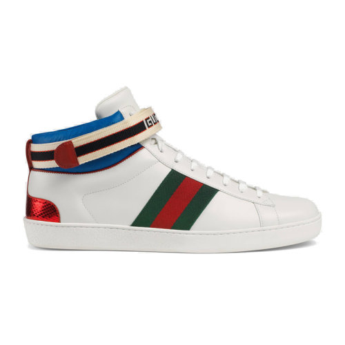 GUCCI/古馳  男鞋 古琦男士紅綠條紋 高幫系帶休閑運動鞋 黑色/白色 時尚潮流 523472-0FIW0-1079