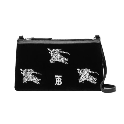 BURBERRY/博柏利 22新款 女士黑色天鵝絨配皮銀色字母水晶標(biāo)志皮表帶拋光金屬配件手拿包80622551
