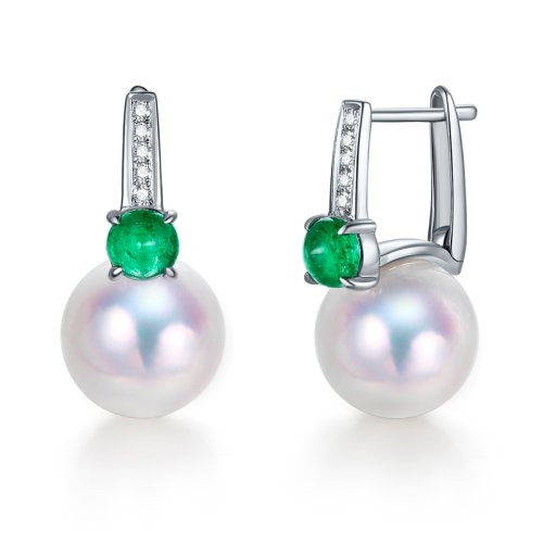 【新品】SANDYRILLA/仙蒂瑞拉 清新款祖母綠9-10mm日本Akoya珍珠18K金鉆石耳環(huán)