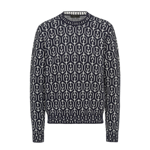 PRADA/普拉達(dá) 男士海軍藍(lán)/白色羊毛和羊絨提花圓領(lǐng)毛衣UMB258_1ZJ0_F057L_S_212