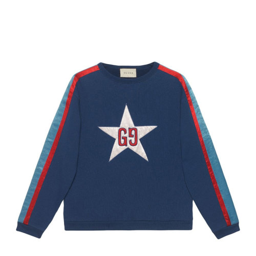 GUCCI/古馳  男裝 服飾 藍(lán)色棉質(zhì)五星字母印花時(shí)尚長(zhǎng)袖圓領(lǐng)T恤男士衛(wèi)衣