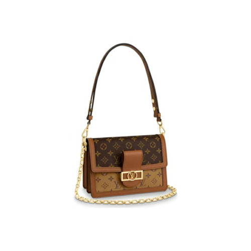 Louis Vuitton Dauphine 達(dá)芙妮MM 皮革肩帶加金屬鏈條 老花拼皮 單肩斜挎包 中號(hào) 棕色