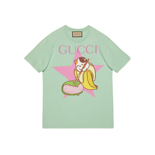 GUCCI/古馳 22年秋冬新款 愛的進(jìn)行曲系列 女士薄荷綠色純棉Bananya香蕉喵印花短袖T恤615044XJD8H3176