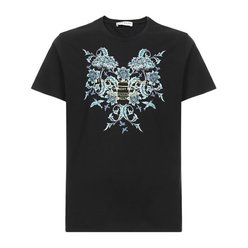 Givenchy/紀(jì)梵希 男士黑色棉質(zhì)經(jīng)典字母徽標(biāo)花卉印花羅紋圓領(lǐng)短袖上衣T恤 BM70Y23002-001