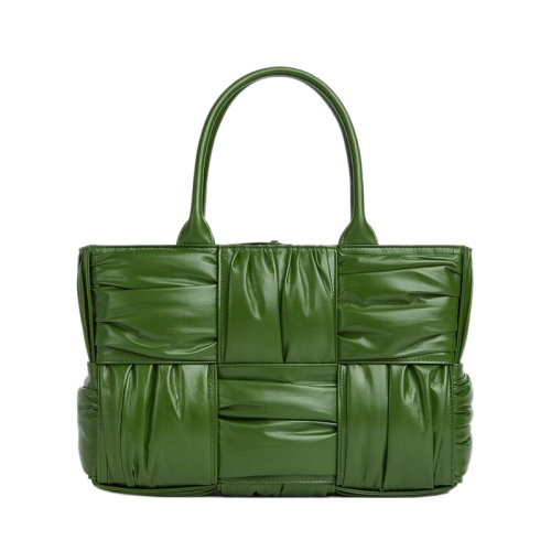 Bottega Veneta/葆蝶家 22新款 女士小號(hào)牛油果綠色小牛皮褶裥Intreccio圖案黃銅飾面配拆卸肩帶黃銅飾面單肩手提托特包729043V2FY13150