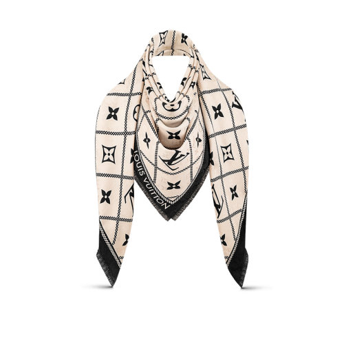 Louis Vuitton/路易威登 22年春夏新款 CROISILLON系列 女士奶油色桑蠶絲羊毛混紡老花圖案披肩圍巾M77458