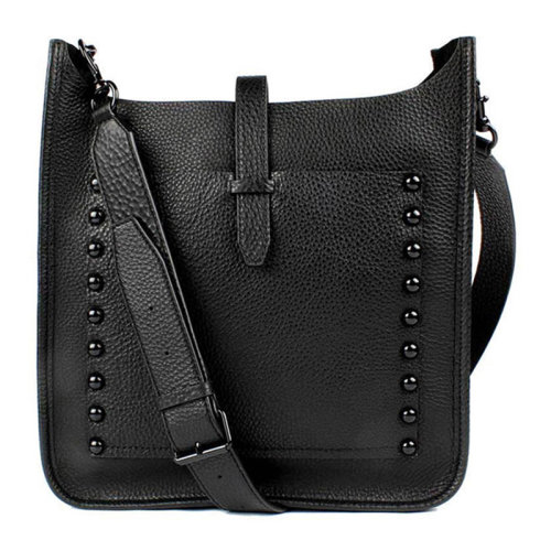 Rebecca Minkoff/瑞貝卡·明可弗 女士黑色粒面皮質(zhì)鉚釘裝飾敞口開合單肩包斜挎包女包 HS16MULX62BLACK