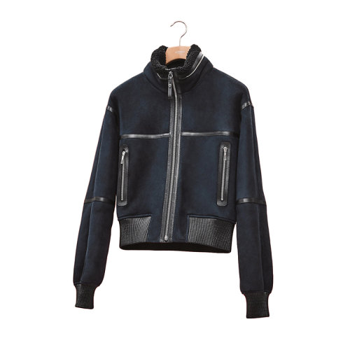 HERMES/愛馬仕 22年秋冬新款 女士深藍色羊皮飛行員風格夾克皮衣H2H1203DB5H34