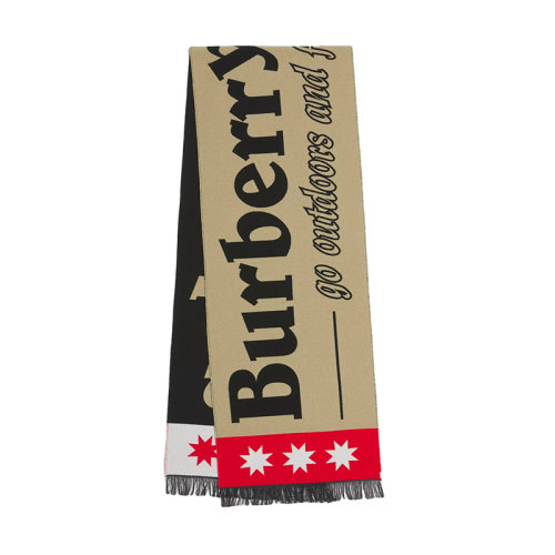BURBERRY/博柏利新款 男女同款米色紅色拼色羊毛混紡雙面大logo流蘇圍巾80496591