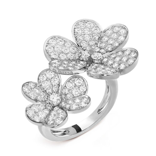 Van Cleef & Arpels/梵克雅寶 經(jīng)典Frivole系列 18k金白金鑲鉆石滿鉆2個(gè)三瓣花朵開口戒指指環(huán)VCARB67500