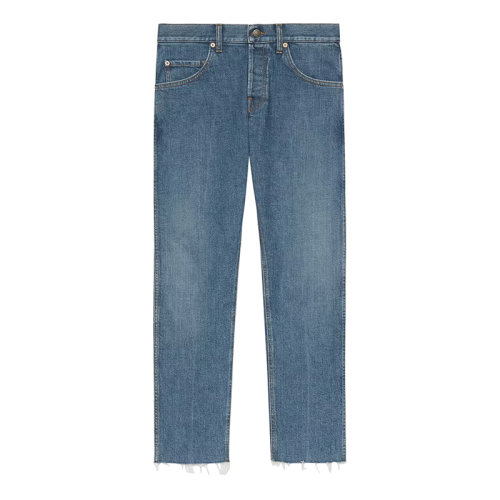 GUCCI/古馳 22年春夏新款 男士藍色棉質(zhì)混紡彈力丹寧面料毛邊褲腳牛仔褲681284XDBP74011