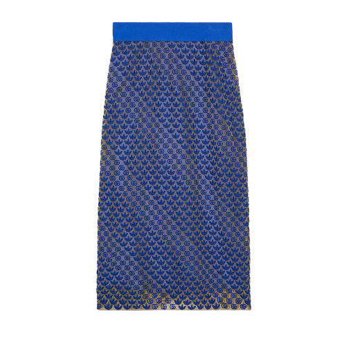 GUCCI/古馳 22年秋冬新款 adidas聯(lián)名系列 女士藍色錦綸混紡薄紗老花刺繡半身裙693449XJECA4697