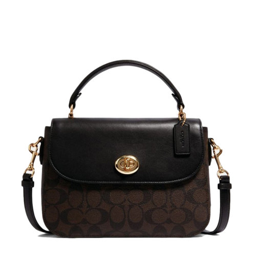 COACH/蔻馳 MARLIE系列女士棕黑拼色PVC配皮經(jīng)典雙C字母徽標印花旋扣開合手提包斜挎包單肩包郵差包女包 C1765IMAA8