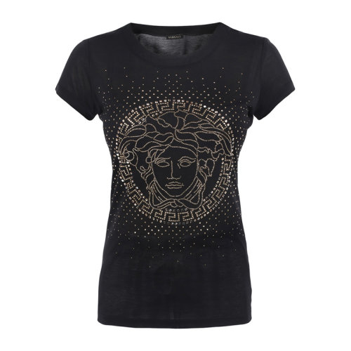 VERSACE JEANS/范思哲牛仔 女士黑色棉質(zhì)經(jīng)典美杜莎頭像印花裝飾圓領(lǐng)短袖上衣T恤 A73478-A218058-A1008