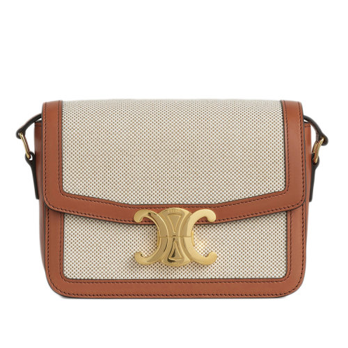 CELINE/賽琳 經(jīng)典TRIOMPHE TEEN系列 女士棕褐色白色織物天然小牛皮斜跨單肩包188882BGI.04LV