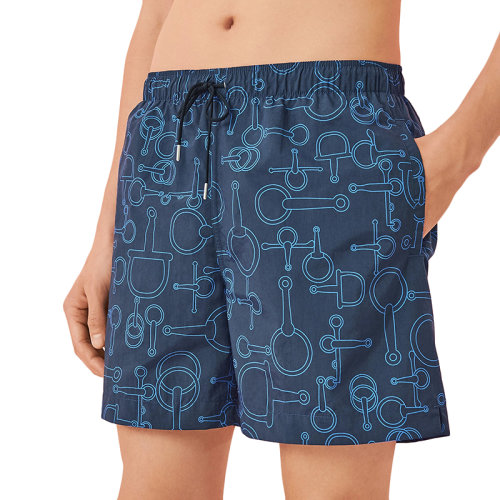 HERMES/愛馬仕 22年秋冬新款 男士墨水藍(lán)色尼龍面料Mors and Mors圖案平角游泳短褲H258100H56CSM