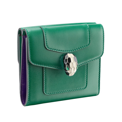 BVLGARI/寶格麗 20 SERPENTI FOREVER系列 翠綠色小牛皮和紫水晶紫色小牛皮拼接琺瑯瑪瑙蛇首拉鏈吊飾按扣折疊 錢(qián)包 281382