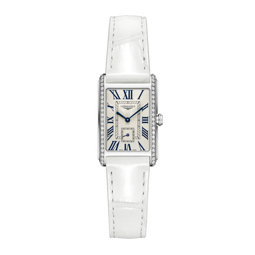 LONGINES/浪琴 黛綽維納系列 女士銀色“flinqué”石英精鋼鑲鉆表殼和鱷魚皮表帶防刮藍(lán)寶石水晶玻璃腕表20.8X32毫米L5.255.0.71.2