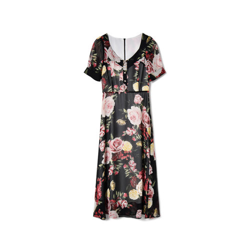 GeleiStory/GeleiStory  春夏新款清新甜美圓領(lǐng)印花高腰A字雪紡飄逸氣質(zhì)長連衣裙  女裝＞女士裙裝＞女士連衣裙