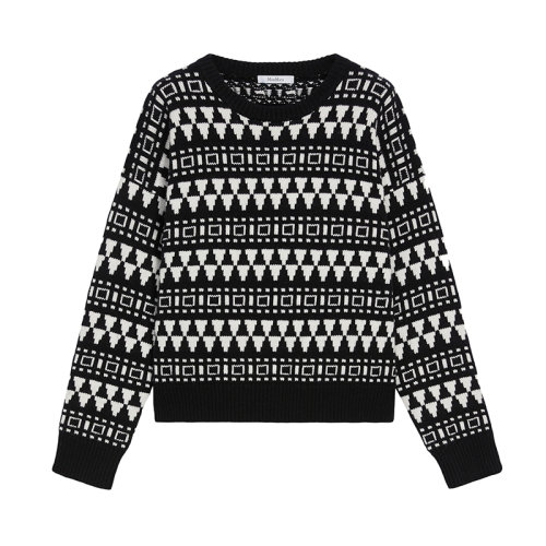 MaxMara/麥絲瑪拉 22年秋冬新款 GABBIA系列 女士黑色/白色羊毛和羊絨混紡民族提花圖案針織衫毛衣1366192306022