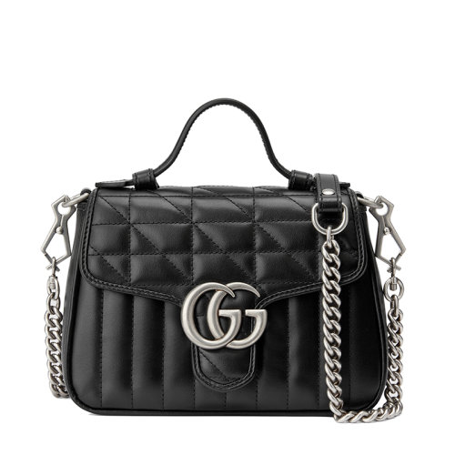 GUCCI/古馳  GG Marmont系列 女士迷你黑色絎縫皮革復古銀色飾面雙G單肩斜挎手提包583571UM8AN1000