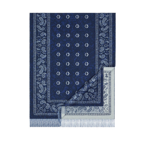 DIOR/迪奧 22年春夏新款 男士藍色羊絨和羊毛混紡飾巾圖案流蘇圍巾28E0003A0648_C580