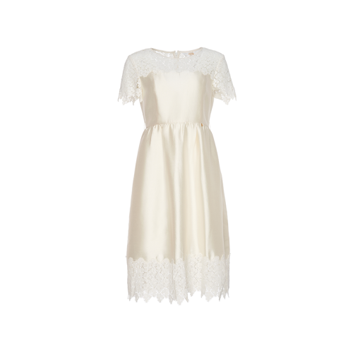 HUI/卉 女士連衣裙20秋季新品茶白色連衣裙蕾絲拼接設(shè)計(jì)