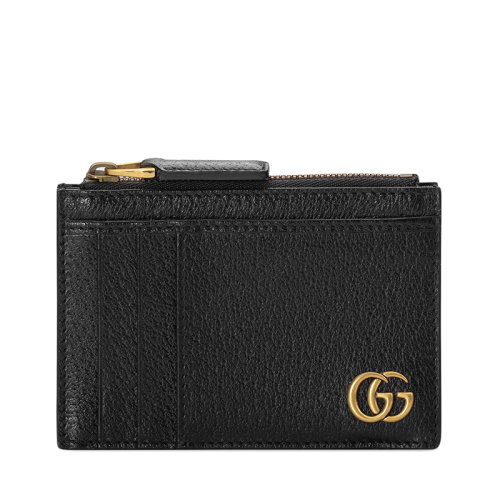 GUCCI/古馳 GG Marmont系列 男士黑色皮革金色雙G裝飾拉鏈卡包卡片夾657589DJ20T1000