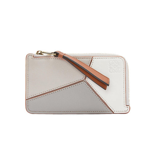 LOEWE/羅意威 22年新款Puzzle系列 女士幽靈白/暖白色/灰色三色拼接牛皮革拉鏈開(kāi)合雙折硬幣包卡片包C510R50X05-1759