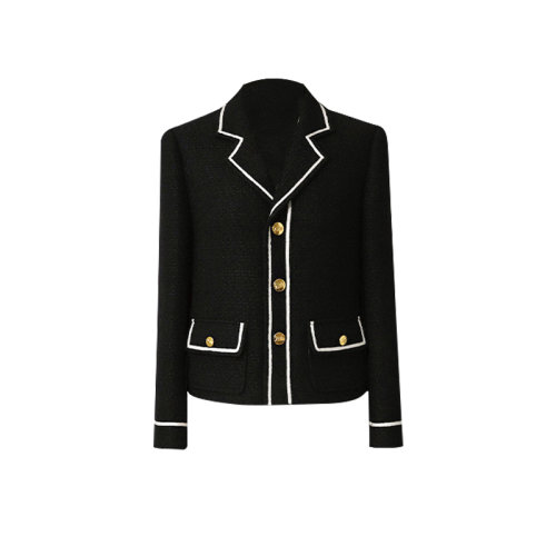 GeleiStory/GeleiStory  秋冬新款法式名媛復(fù)古翻領(lǐng)黑色羊毛花呢小香風(fēng)短外套  女士夾克