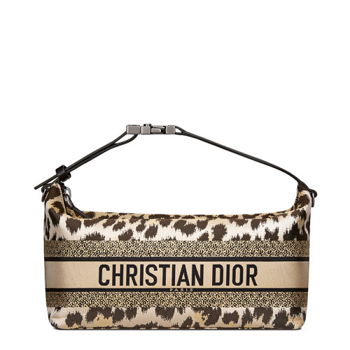 DIOR/迪奧 22秋冬新款Dioriviera系列 女士中號米色織物豹紋CD黑銀搭扣手拿包S5554BLNC_M1M7