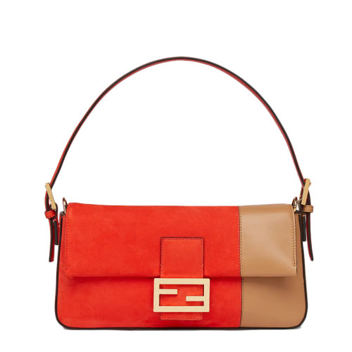 FENDI/芬迪 BAGUETTE 1997系列 女士紅色麂皮米色皮革拼接FF搭扣單肩手提包8BR792AHWAF1FVR