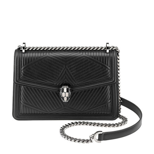 BVLGARI/寶格麗  Serpenti forever系列女士黑色小羊皮絎縫黑白琺瑯鱗片蛇頭按扣鏈條包單肩斜挎包女包 287371