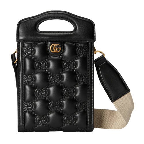 Gucci 古馳 22新款 女士迷你黑色絎縫GG皮革金色飾面配拆卸帆布配皮肩帶單肩斜挎肩背包723776UM8HG1046