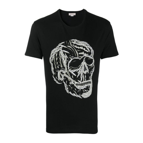 Alexander McQueen/亞歷山大麥昆 男裝 服飾黑色圓領(lǐng)棉質(zhì)骷髏印花 男士短袖T恤