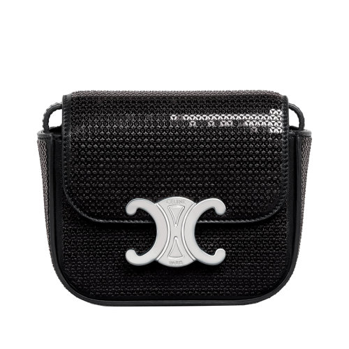 CELINE/賽琳 22新款TRIOMPHE系列 女士迷你黑色亮片/小牛皮凱旋銀扣單肩斜跨包10I513EMZ.38SI