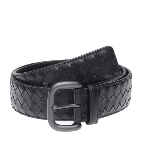 Bottega Veneta/葆蝶家 BV 男士時尚黑色真皮針式帶頭圓扣經(jīng)典編織商務(wù)休閑皮帶腰帶 173784-V4650-1000