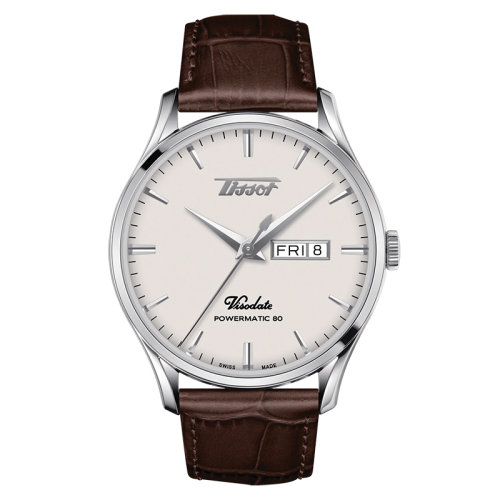 TISSOT/天梭 唯思達系列 男士乳白色表盤自動機械機芯精鋼表殼棕色皮質(zhì)表帶腕表42毫米T118.430.16.271.00
