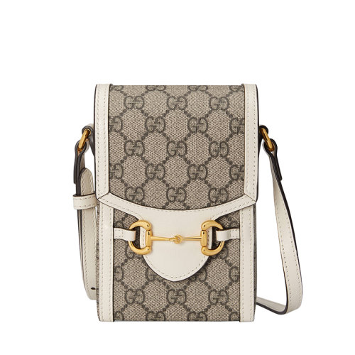  GUCCI/古馳 Horsebit 1955系列 男女同款迷你GG帆布白色皮革飾邊金扣單肩斜挎手機(jī)包62561592TCG9761