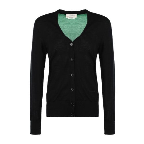 Alexander McQueen/亞歷山大麥昆21新品刺繡徽標拼色修身開胸女士針織衫/毛衣667839Q1AVV