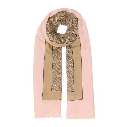 BURBERRY/博柏利 女士圍巾徽標(biāo)印花粉色棕色拼接款柔軟保暖圍脖圍巾 8011868