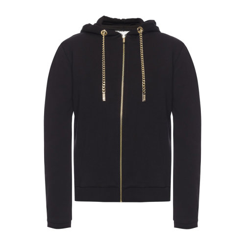 VERSACE JEANS/范思哲牛仔 女士黑色棉質(zhì)鏈條帽繩細(xì)節(jié)拉鏈開合長袖上衣外套連帽衫 B6HUA782-36604-899