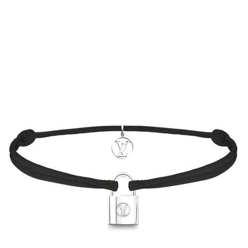 Louis Vuitton/路易威登 Silver Lockit系列 經(jīng)典款黑色有機(jī)棉可回收銀LV雕刻掛鎖手鏈Q(jìng)05173