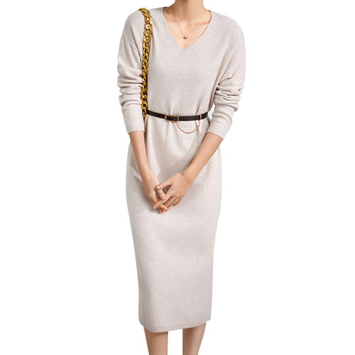 GeleiStory/GeleiStory  針織連衣裙女裝秋冬中長款毛衣裙子寬松長袖v領打底裙內搭  女士針織衫/毛衣