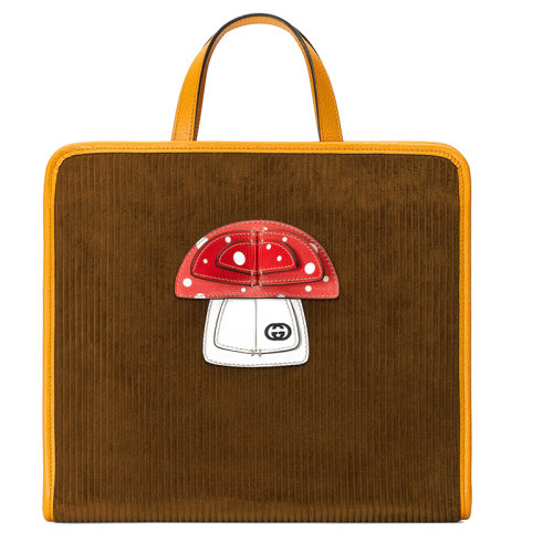 GUCCI/古馳 22新款 女士蘑菇3D圖案裝飾深橄欖綠色燈芯絨兒童手提包?7050422S8HN2886